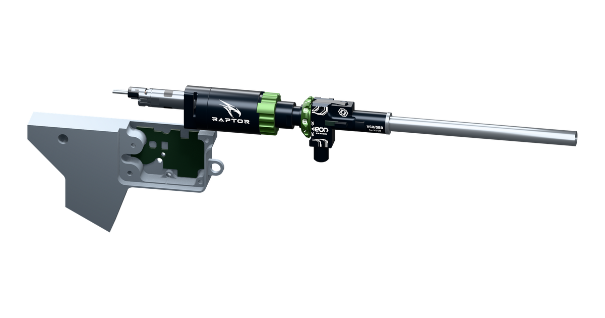 RAPTOR connected to a hop-up chamber and barrel, suspended above the lower half of a split V2 gearbox