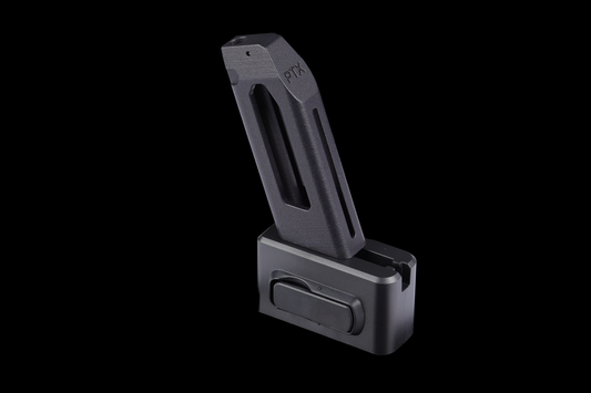 GATE x AIRTAC M4 magazine adapter for GATE PTX — three-quarter front view
