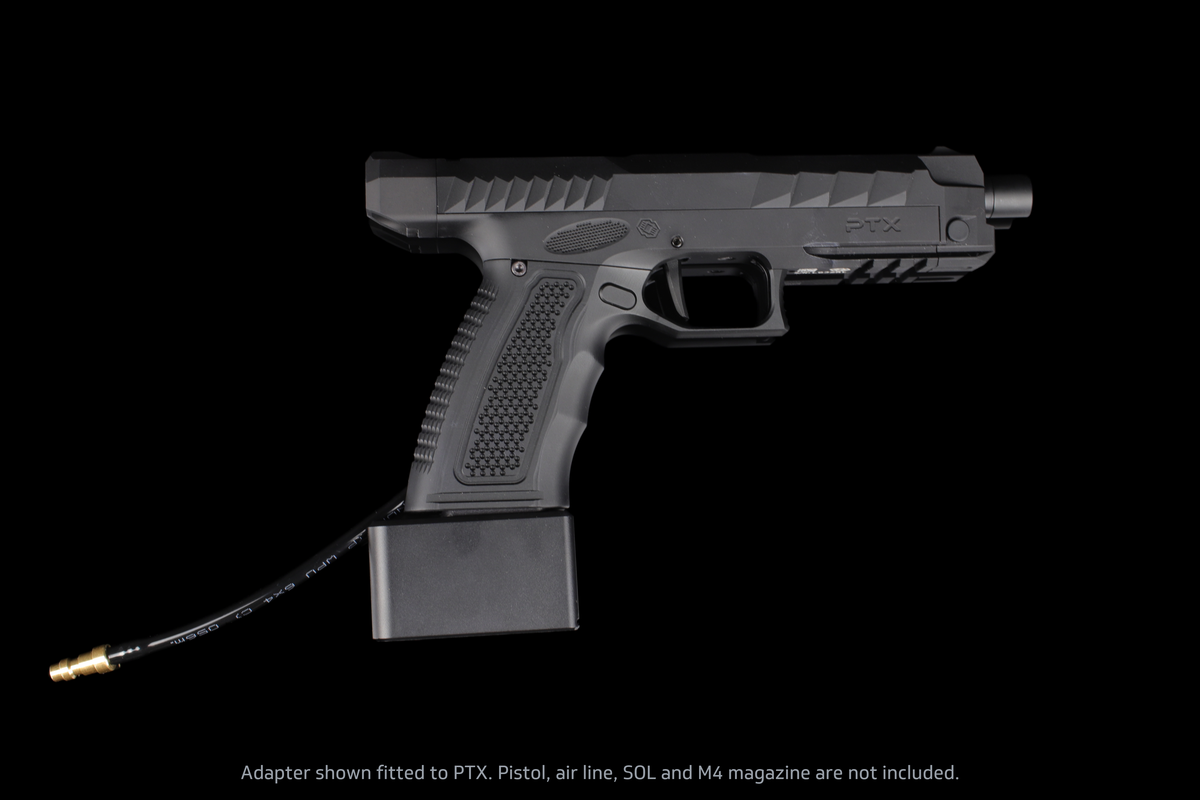 GATE x AIRTAC M4 magazine adapter for GATE PTX — mounted side profile; PTX pistol and air line not included.