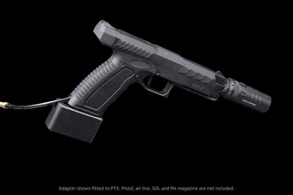 GATE x AIRTAC M4 magazine adapter for GATE PTX — illustrative complete setup; PTX pistol, SOL and air line not included.