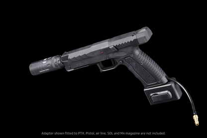GATE x AIRTAC M4 magazine adapter for GATE PTX — illustrative setup, opposite side; PTX pistol, SOL and air line not included.