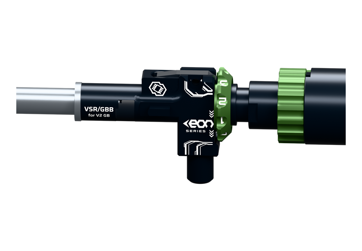Black EON VSR hop-up chamber for RAPTOR V2, with white engraving and a PTX-green adjustment wheel