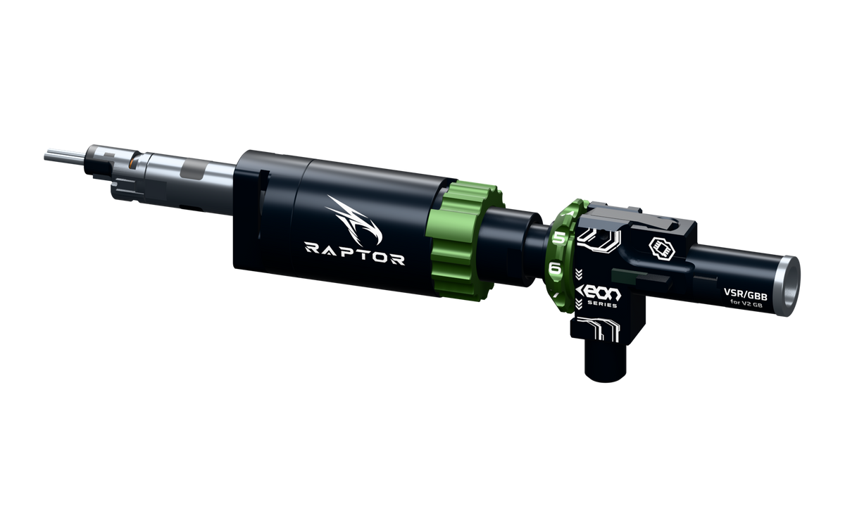GATE RAPTOR V2 — black HPA engine with a PTX-green QD ring and white engraving