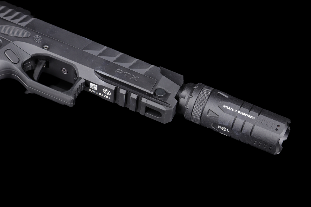 GATE SOL — mounted housing close-up; PTX pistol and air line not included.